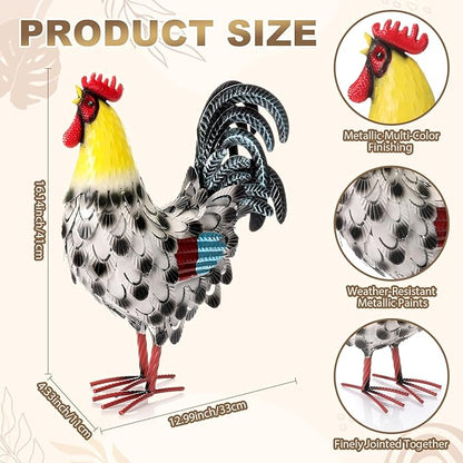 Zhengmy Metal Rooster Garden Statue Lifelike Colorful Metal Rooster Yard Decor Hand-Painted Iron Chicken Sculpture for Patio Lawn Backyard Farmhouse Outdoor Indoor Decoration(Lustrous White)