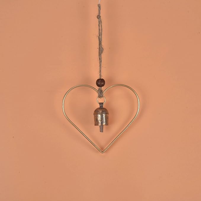 Rustic Heart Bell Wind Chime, Gold Bronze Metal, 5 x 5 inch Heart Frame with 1.5 inch Bell, Indoor Outdoor Decorative Hanging Ornament for Garden, Porch, Valentine's Day