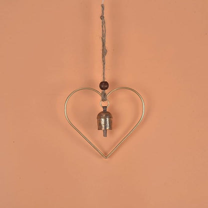 Rustic Heart Bell Wind Chime, Gold Bronze Metal, 5 x 5 inch Heart Frame with 1.5 inch Bell, Indoor Outdoor Decorative Hanging Ornament for Garden, Porch, Valentine's Day