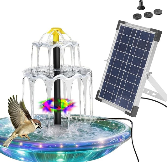 3-Tier Bird Bath Fountain Solar Powered LED Light Detachable Water Pump with 6W Solar Panel for Bird Bath, Courtyard, Outdoor, Garden Decoration