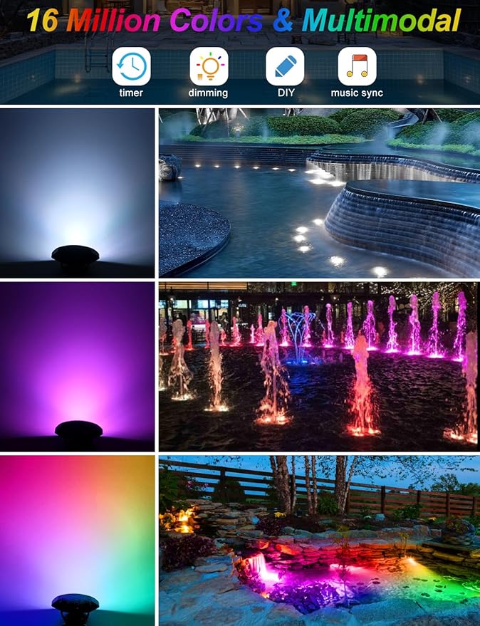 RGB Underwater Pond Lights,Super Bright 18 LED Submersible Fountain Lights, Bluetooth APP Control IP68 Waterproof Color Changing Spotlights for Fish Aquarium Tank Yard Garden Pool(Set of 10)