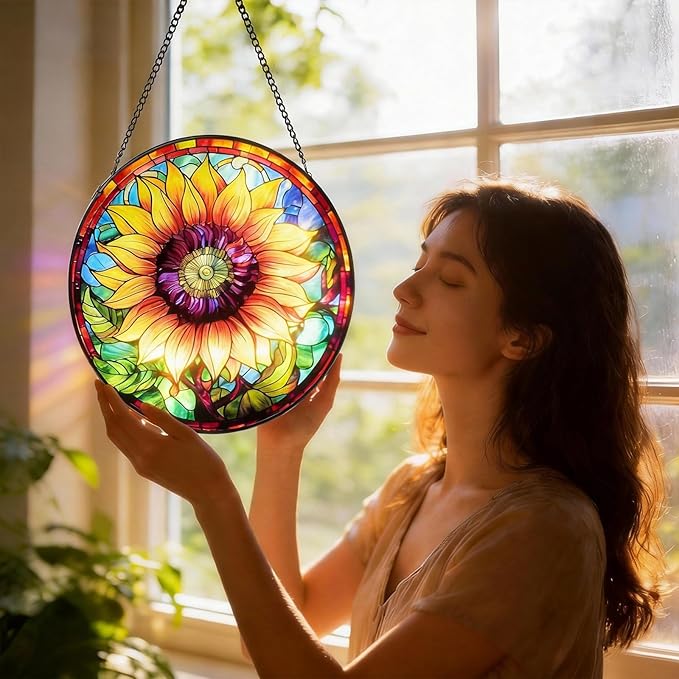 Stained Glass Window Hanging Sunflower Sun Catcher Indoor, Stained Glass Suncathers, Sunflower Gifts for Women,Mom, Grandma and Wife Inspirational Sympathy Gifts 7.8’’ Yellow