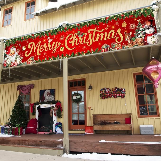 Christmas Yard Decorations Red Merry Christmas Banner Hanging Yard Sign Xmas Santa Claus Snowman Reindeer Home Wall Decor for Garden Outdoor Indoor Birthday Holiday Party Supplies 118 X 23 Inches