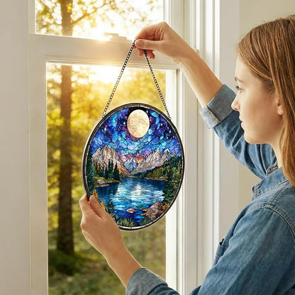 Stained Glass Sun Catcher Window Hanging - Sunset Mountains Lake Tree Design, Indoor Decor Gifts for Mother's Day, Birthday, Christmas - Perfect for Women, Men, Mom Home Window Decor (Blue) 7.8 in