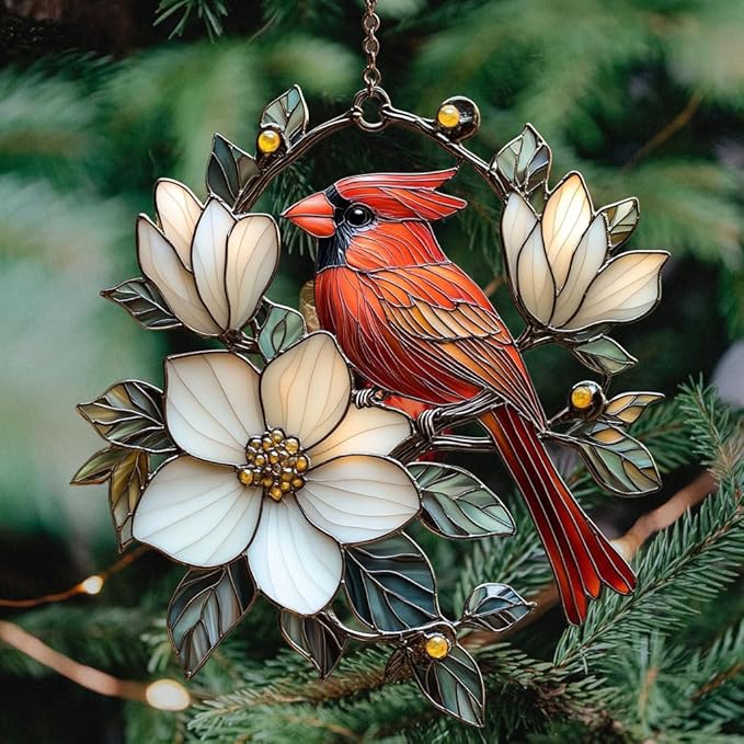 Vivid Cardinal Floral Tiffany Acrylic Suncatcher Stained Glass Effect Window Car Hanging Christmas Ornament Indoor Outdoor Decor Garden Sun Catcher Panel for Cardinal Lover for Women Mom Grandma