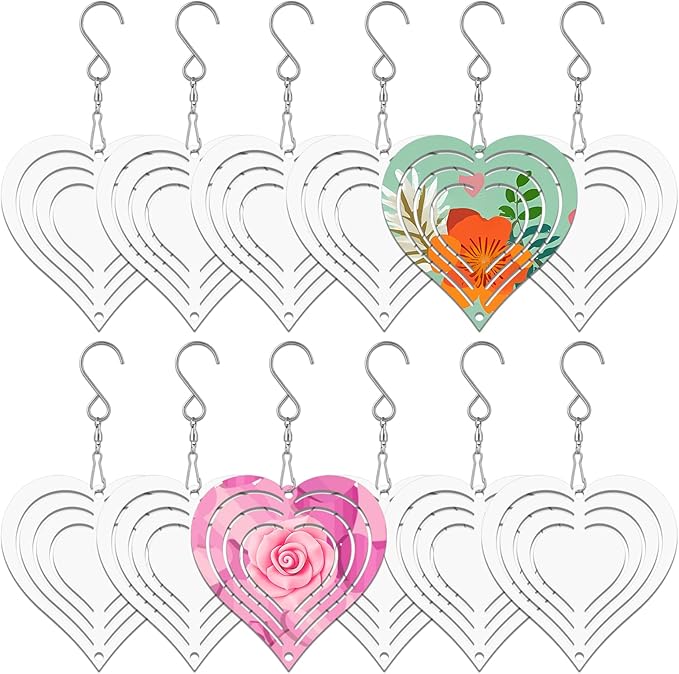 12 Pack 3inch Sublimation Wind Spinner Blanks 3D Aluminum Metal Wind Sculpture Kinetic Spinners for Yard Garden Indoor Art Ornaments Xmas Hanging Decoration (Heart)