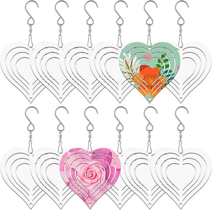 12 Pack 3inch Sublimation Wind Spinner Blanks 3D Aluminum Metal Wind Sculpture Kinetic Spinners for Yard Garden Indoor Art Ornaments Xmas Hanging Decoration (Heart)