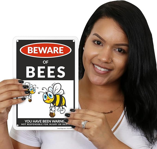 SmartSign Funny Beware Of Bees Warning Sign - 10"x7", 40 mil Laminated Rust-free Aluminum - Metal Signs for Home, Farmhouse, Club, Garden, Outdoors, Patio, Gifts, Cafe - Bees Theme, Made in USA