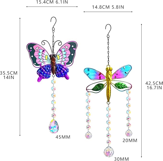 YU FENG Set 2 Suncatchers with Crystals,Stained Glass Butterfly Dragonfly Sun Catchers Window Garden Hanging Decoration Ornament,Prism Rainbow Maker Pendant Ornament for Christmas Tree