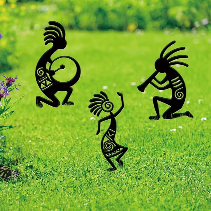 SUPERDANT 3PCS Kokopelli Metal Garden Yard Art Decor Black Silhouette Outdoor Iron Art Decoration Garden Stakes Statues Ornament Crafts for Backyard Parks Lawns Outdoor Spaces
