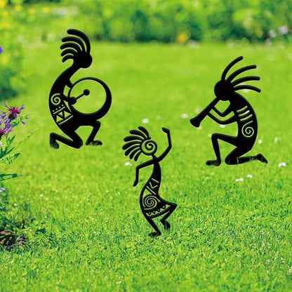 SUPERDANT 3PCS Kokopelli Metal Garden Yard Art Decor Black Silhouette Outdoor Iron Art Decoration Garden Stakes Statues Ornament Crafts for Backyard Parks Lawns Outdoor Spaces