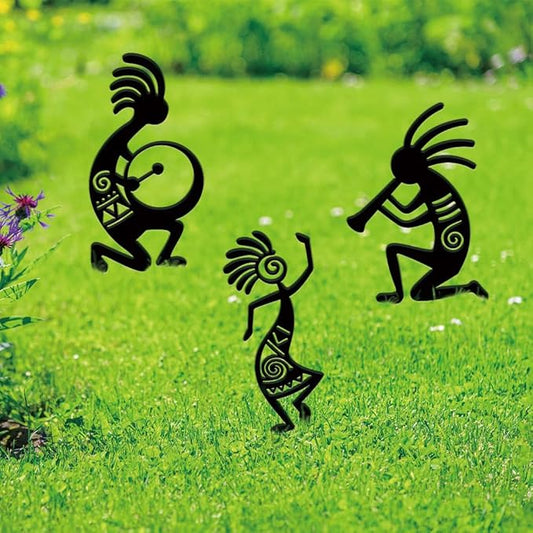 SUPERDANT 3PCS Kokopelli Metal Garden Yard Art Decor Black Silhouette Outdoor Iron Art Decoration Garden Stakes Statues Ornament Crafts for Backyard Parks Lawns Outdoor Spaces