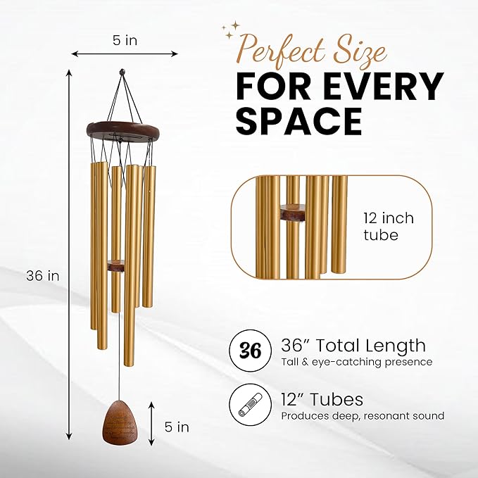 Memorial Wind Chimes for Outside Clearence - Teardrop Pendant, Deep Toned Aluminum Tubes & Pine Wood, Sympathy Gift for Loss, Letter from Heaven & Keepsake Keychain, Garden Porch Decor - Gold