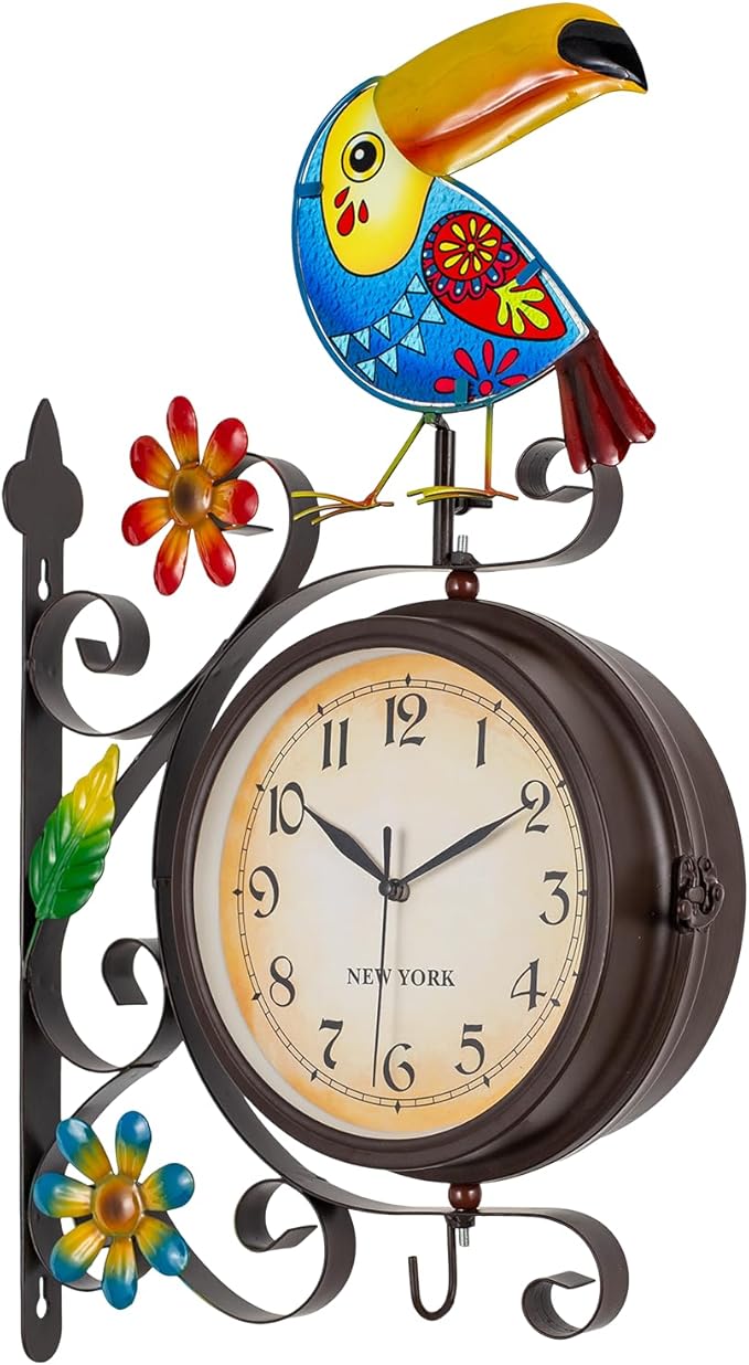 Vintage Indoor Outdoor Clock - Silent Non-Ticking, Double Sided Wall Clock with Toucan Decor Waterproof for Garden, Patio, Yard, Farmhouse, Home Décor (Blue)