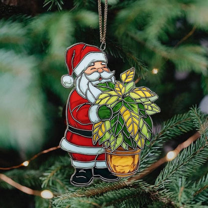 Happy Santa Holding Plant Pot Acrylic Suncatcher Stained Glass Effect Window Car Hanging Christmas Ornament Indoor Outdoor Decor Garden Sun Catcher Panel for Women Mom Grandma