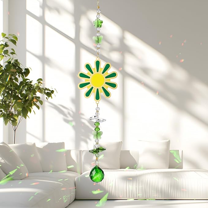 Crystal Sun Catcher Green Flower Suncatchers Crystal Rainbow Maker Ornament for Windows Hanging Healing Crystals Gift for Wife Mom