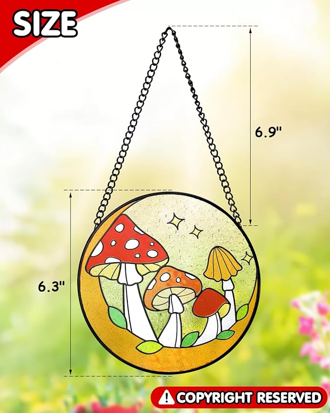 Tuitessine Mushroom Stained Glass Suncatcher, Hand-Painted Toadstools Window Hanging Decorative Glass Panel for Home & Garden, Boho Nature Gift for Women & Housewarmings