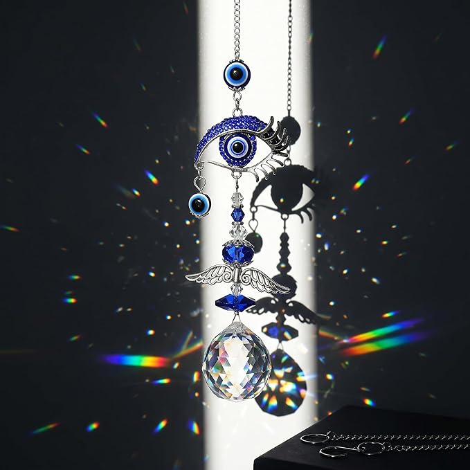 Crystal Suncatcher for Windows - Hanging Prism Sun Catchers with Crystal Balls&Blue Eye, Rainbow Maker for Home、 Garden、Car Decor (Evil Eye)
