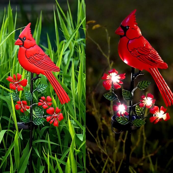 Cardinal Decor Garden Stake,Solar Metal Red Cardinal, Cardinal Bird Figurine Lights with Powered LED Garden Outdoor Decor for Balcony, Yard, Lawn, Pathway, Walkway