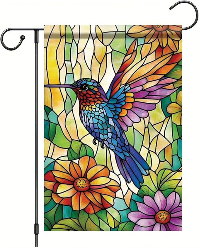 Spring Summer Garden Flag 12x18 Inch Colorful Hummingbird Stained Glass Floral Art Design Outdoor Yard Porch Lawn Garden for Seasonal Farmhouse Boho Home Decor