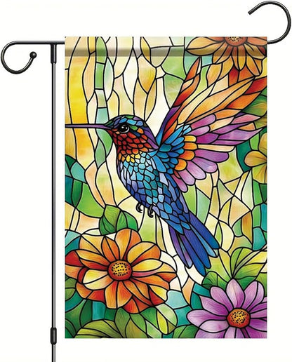 Spring Summer Garden Flag 12x18 Inch Colorful Hummingbird Stained Glass Floral Art Design Outdoor Yard Porch Lawn Garden for Seasonal Farmhouse Boho Home Decor