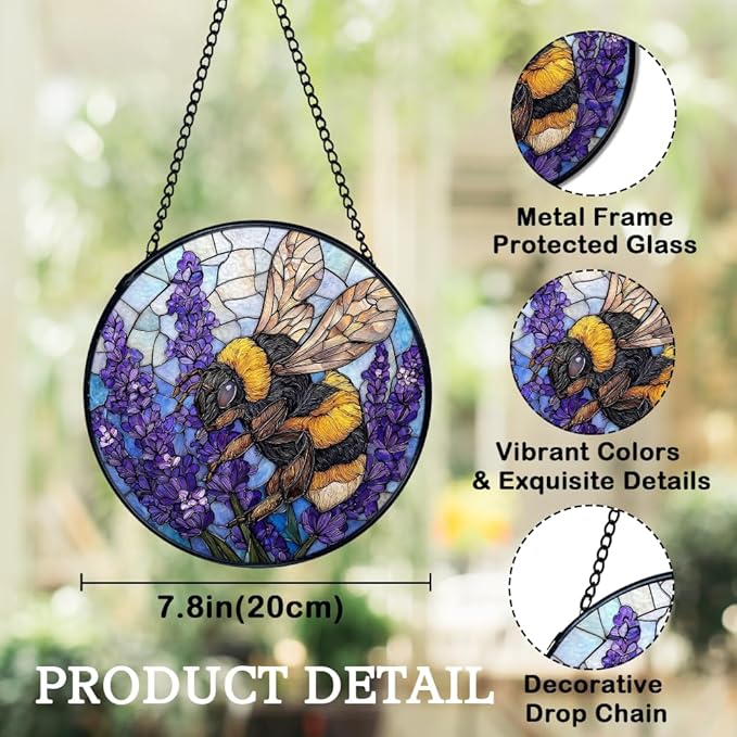 Bee Lavender Flower Suncatchers Stained Glass Window Hanging, Bumblebee Flower Sun Catchers Indoor Window Glass Round Wall Decor, Bee Floral Wall Hanging Decorations, 7.9x7.9in