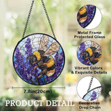 Bee Lavender Flower Suncatchers Stained Glass Window Hanging, Bumblebee Flower Sun Catchers Indoor Window Glass Round Wall Decor, Bee Floral Wall Hanging Decorations, 7.9x7.9in