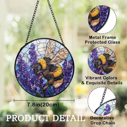 Bee Lavender Flower Suncatchers Stained Glass Window Hanging, Bumblebee Flower Sun Catchers Indoor Window Glass Round Wall Decor, Bee Floral Wall Hanging Decorations, 7.9x7.9in