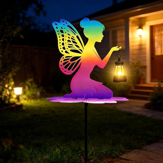 Rainbow Solar Fairy Garden Stake - 21" Iridescent Metal Fairy Silhouette with Warm LED Lantern, Waterproof Outdoor Decorative Light for Path, Yard, Flower Pot - Unique Gardening Gifts for Women/Mom
