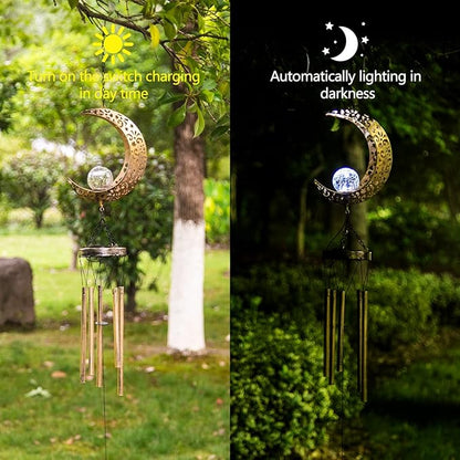Asense Moon Wind Chimes with Crackle Glass Ball Solar Powered LED Lights, Outdoor Garden Decor, Lawn Yard Patio Decoration, Unique Hanging Decor Gifts
