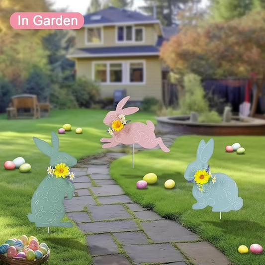 Easter Decorations Outdoor,3 Pack Metal Bunny Yard Sign Stakes for Outside,Pastel Rabbit Silhouettes Garden Decor for Lawn,Happy Easter Women Gifts