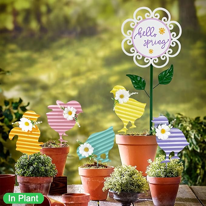 Metal Chicken Yard Art,6 Pack Chicken Sign Garden Stakes,Easter Chicks Decorative Outdoor,Patio,and Lawn Ornaments,Spring Gifts for Women