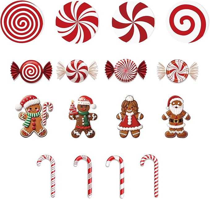16ct Christmas Decorations Set Outdoor and Indoor Holiday Decor with Festive Candy Canes Gingerbread Ornaments 60 Meter Fishing Line and 28 Glass Fiber Stakes for Tree Yard