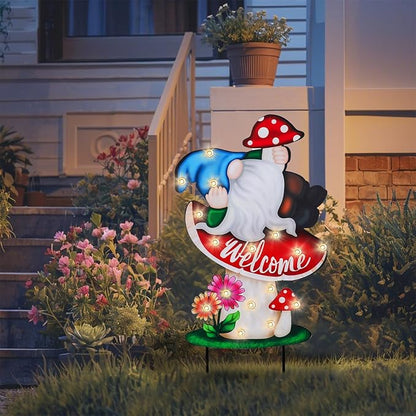 WONDER GARDEN Decorative Garden Stakes - Lighted Mushroom and Gnome Yard Sign Stakes with Flower, Spring Signs for Outdoor, Porch, Yard,Flower Bed Decor