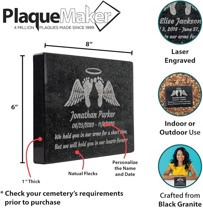 PlaqueMaker Black Granite Memorial Headstone Or Garden Memorial for Lost Infant or Child - Include You Personalized Text. Can be Used as a Sympathy Gift, Garden Stone or Grave Maker (8 X 6 X 1)