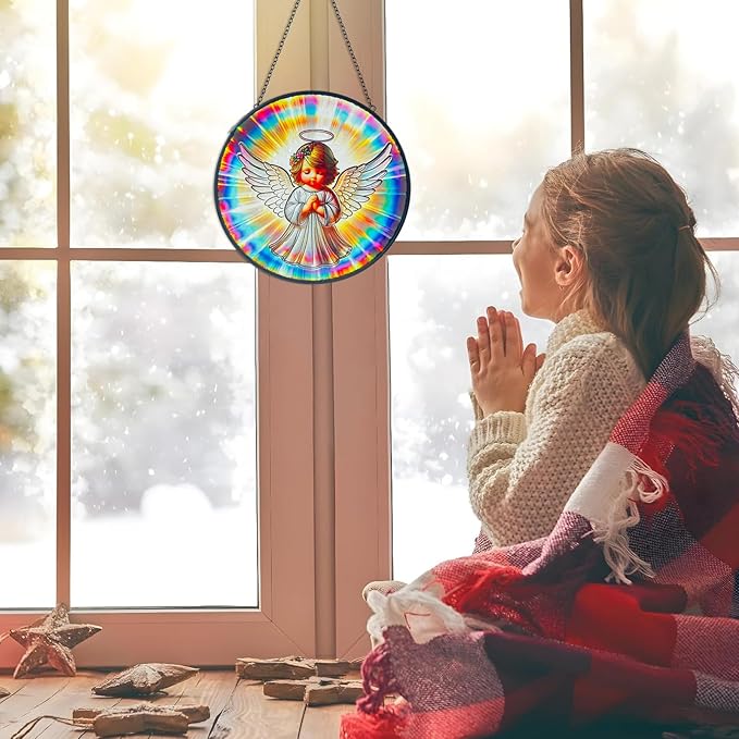 Praying Angel Decor Handmade Stained Glass Rainbow Maker Stained Glass Suncatchers W/Metal Chain - Spiritual Angelic Gift for Women Christmas Thanksgiving Housewarming Gifts