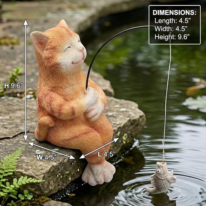 Elenon Fishing Cat Garden Statue, 9" Cat with Pole Decor for Koi Pond Waterfalls, Adorable Flower Bed Outdoor Yard Patio Art Decorative Sculptures Table Ornament