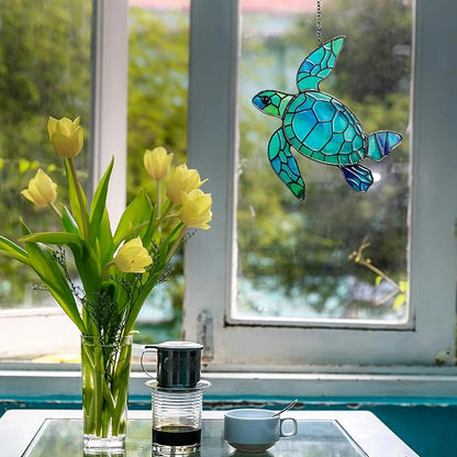 Sea Turtle Stained Glass Window Hanging, Hand-Painted Sun Catcher Glass Panel Wall Art Decor with Chain, Sea Turtle Gifts for Women Mom Grandma, Outdoor Indoor Art Decor for Home Garden