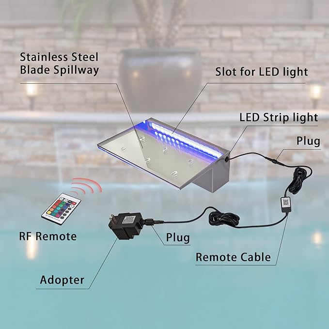 PONDO 12'' APP Pool Waterfall with 16 Colors LED Lights, Acrylic Pond Fountain Set for Outdoor Decorations, Patio Waterfall Spillway Kit on The Wall for Garden, Easy Installation