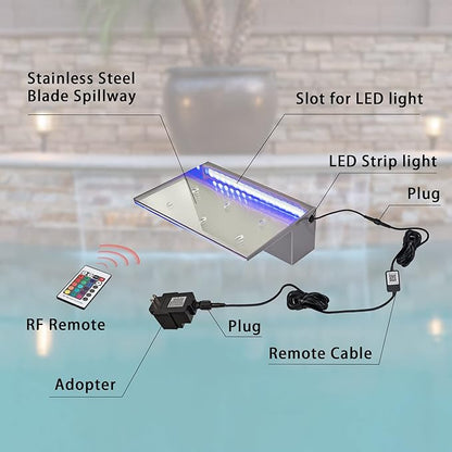 PONDO 12'' APP Pool Waterfall with 16 Colors LED Lights, Acrylic Pond Fountain Set for Outdoor Decorations, Patio Waterfall Spillway Kit on The Wall for Garden, Easy Installation