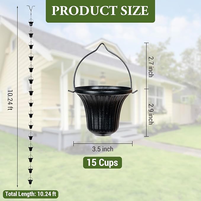 MyGift 10 ft Decorative Rain Chains with 15 Ribbed Bell Cups and V-Hook, Black Metal Rainwater Downspout Replacement for Outside House Gutter Drain Spout