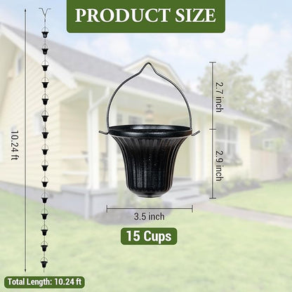 MyGift 10 ft Decorative Rain Chains with 15 Ribbed Bell Cups and V-Hook, Black Metal Rainwater Downspout Replacement for Outside House Gutter Drain Spout