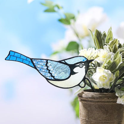 Geelin 1 Pc Stained Glass Blue Bird Suncatcher Flower Pot Decoration Metal Plant Pot Hangers Colorful Garden Yard Suncatcher Decor for Spring Home Indoor Outdoor Decor(Blue)