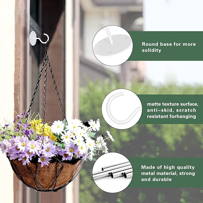 Ceiling Hooks for Hanging Plants, Metal Plant Hooks Wall Mount Hangers for Hanging Plants, Bird Feeders, Wind Chimes, Lanterns, Planters - Outdoor Decoration Hooks (3 Pack) (White)