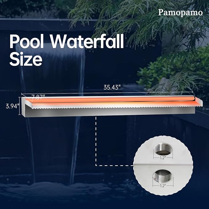 Pamopamo Pond Waterfall Spillway Stainless Steel Pool Fountain, APP Control LED Lighted Waterfalls Kit, Outdoor Water Flow Waterfalls Kit for Garden Patio Koi Pond Decoration-35.4"x7.8"x3.9"