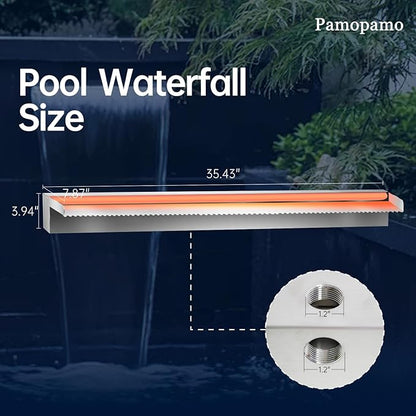 Pamopamo Pond Waterfall Spillway Stainless Steel Pool Fountain, APP Control LED Lighted Waterfalls Kit, Outdoor Water Flow Waterfalls Kit for Garden Patio Koi Pond Decoration-35.4"x7.8"x3.9"