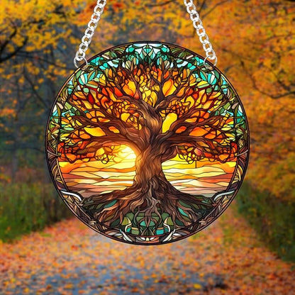 Tree of Life Stained Glass Suncatcher Nature Round Big Trees and Sunset Suncatcher Hanging Decoration with Metal Chain-SunCatchers for Window Decor Outdoor Garden Decor Gift,1PC