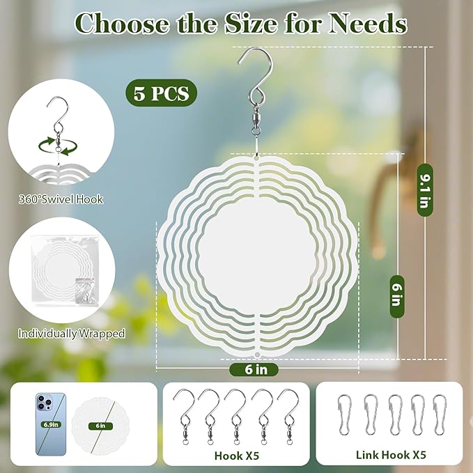 10 Pack Sublimation Wind Spinner Blanks, 6 Inch Double-Sided Sublimation Metal Blanks Bulk for Transfer DIY, Aluminum Hanging Wind Spinners for Indoor Outdoor Porch Garden Yard Window Decor