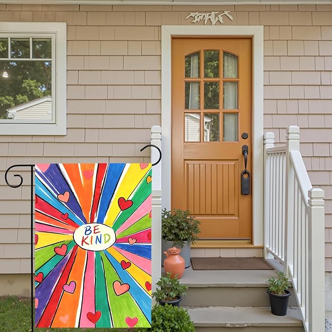 Be Kind Garden Flag Colorful Positive Message Outdoor Yard Flags Rainbow Heart Art House Banner for Teachers Schools Classrooms Front Porch Patio Community Welcome Kindness Decor 12x18 Inch
