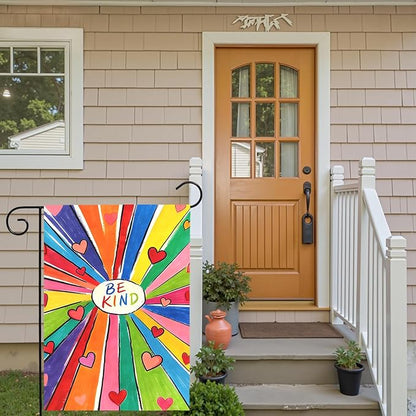 Be Kind Garden Flag Colorful Positive Message Outdoor Yard Flags Rainbow Heart Art House Banner for Teachers Schools Classrooms Front Porch Patio Community Welcome Kindness Decor 12x18 Inch